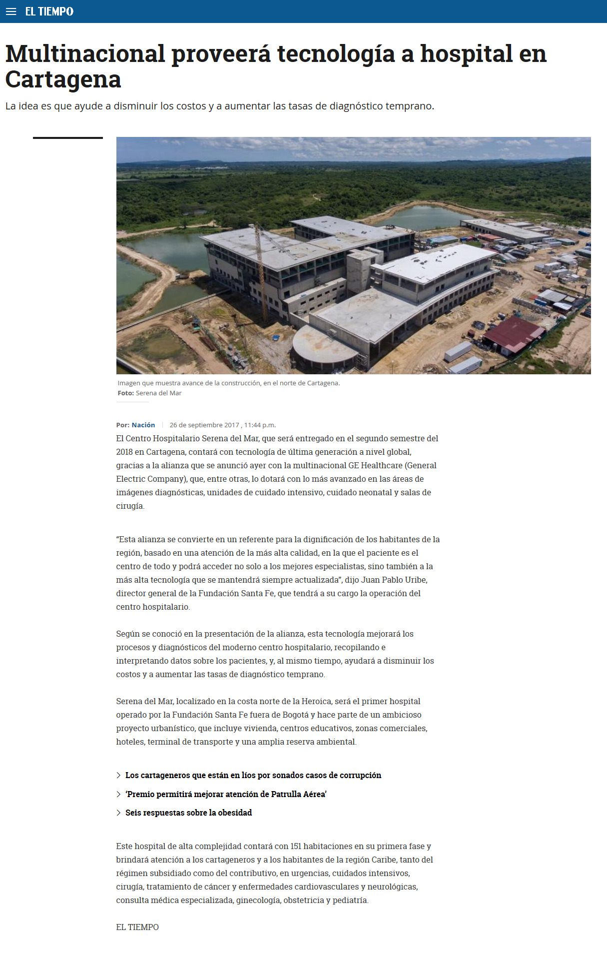 Multinacional proveerá tecnología a hospital en Cartagena